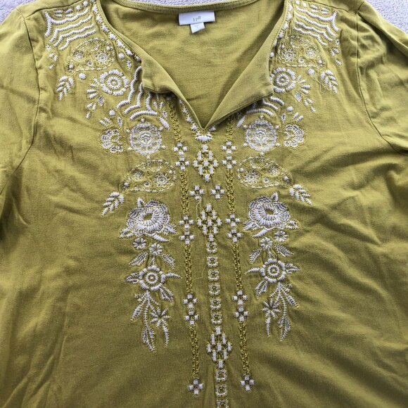 J. Jill Womens Tunic Blouse Top Large Green Embroidered Floral 3/4 Sleeve Boho - Picture 9 of 14
